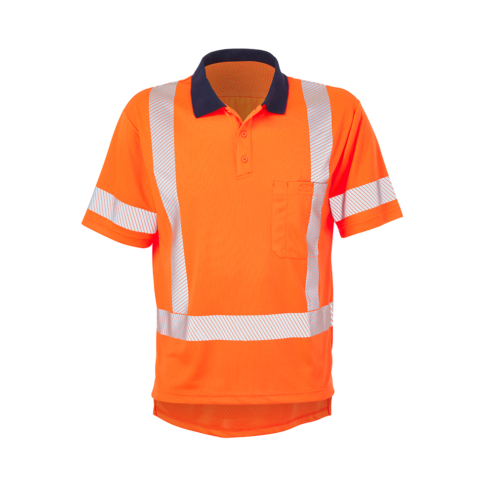 ELEVEN TTMC HiVis Taped Short Sleeve Polo - Hi Vis Orange/Navy